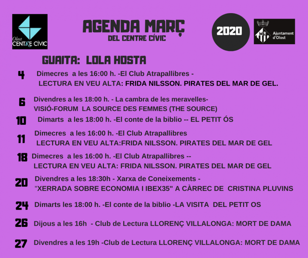 Agenda d'activitats al Centre Cívic durant el mes de març
